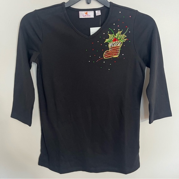 New Quacker Factory Top Women’s XXS Black Christmas Shirt Stocking Rhinestones - Picture 1 of 9